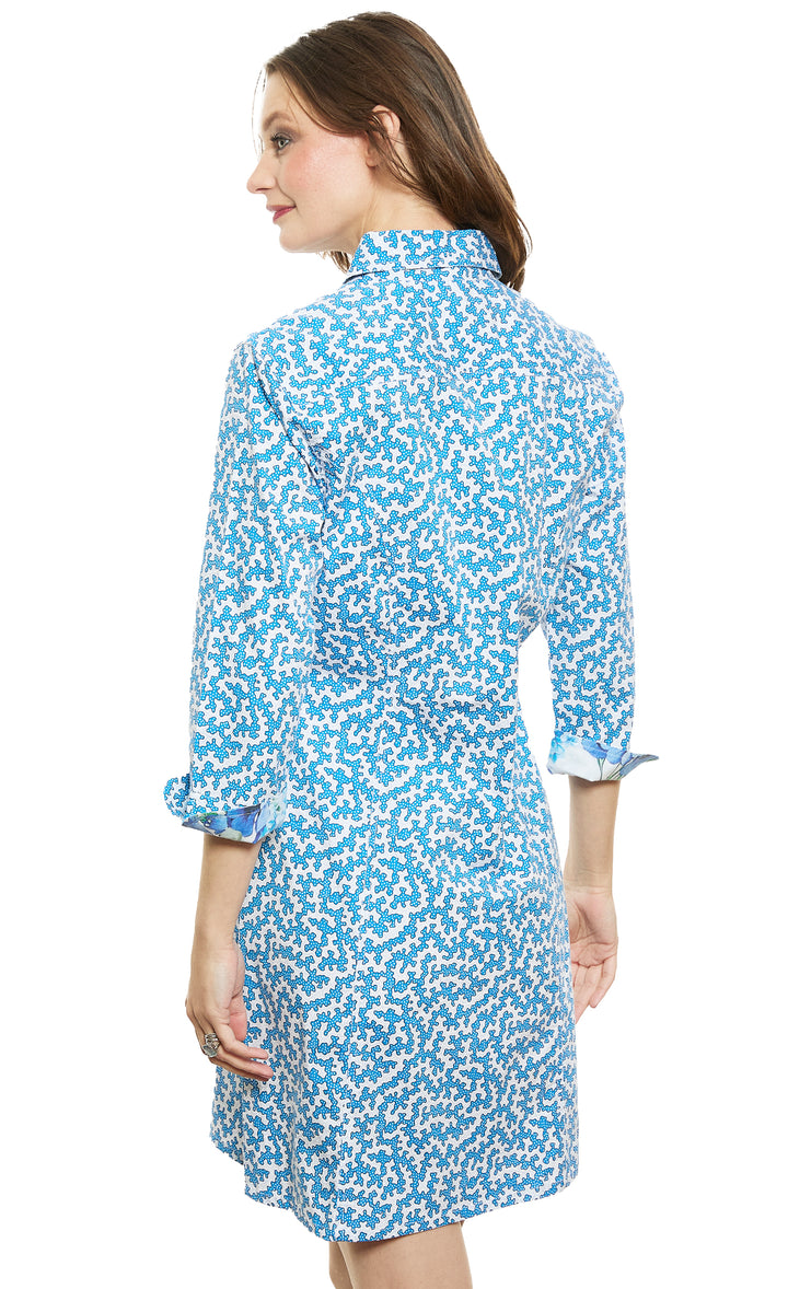 Sag Harbor Shirtdress Blue and Pink Coral Print Stretch Poplin