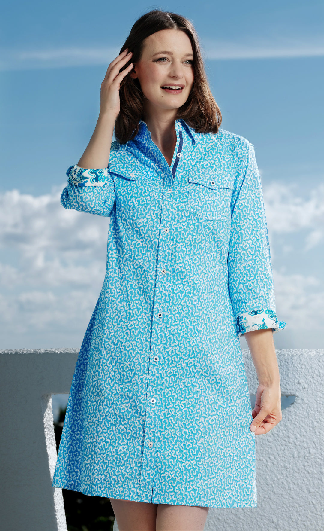 Sag Harbor Shirtdress in Blue Coral Print M Sag Harbor Shirtdress in Blue Coral Print M