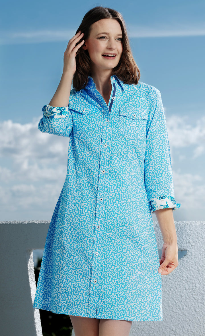 Sag Harbor Shirtdress in Blue Coral Print