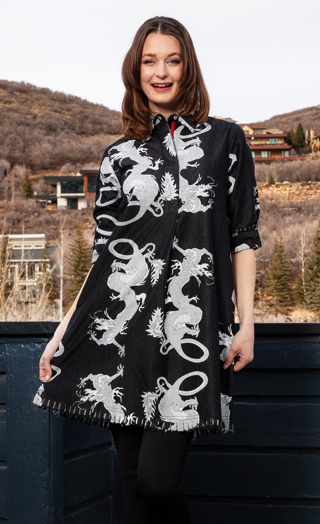 Chatham Dress Black Denim Dragons – Dizzy-Lizzie