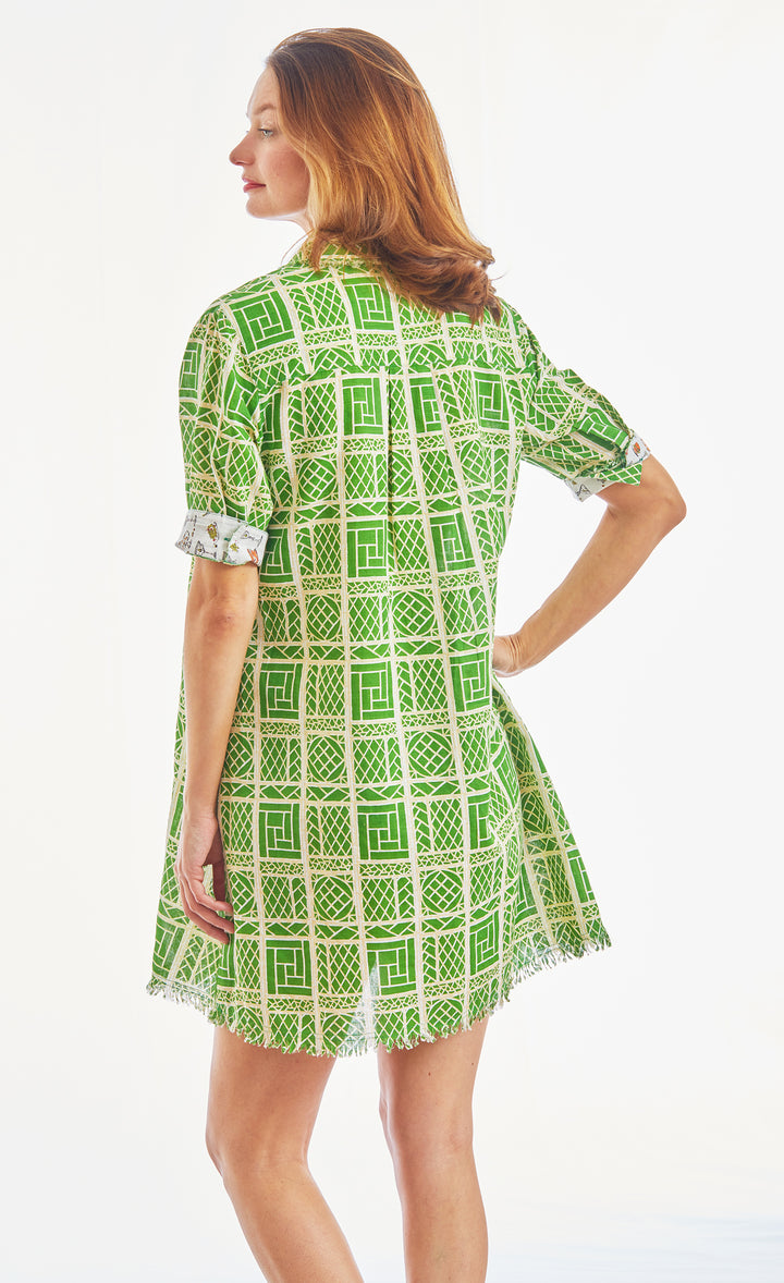 Chatham Dress Green And White Wicker Print Linen Cotton XS / 615A-S004