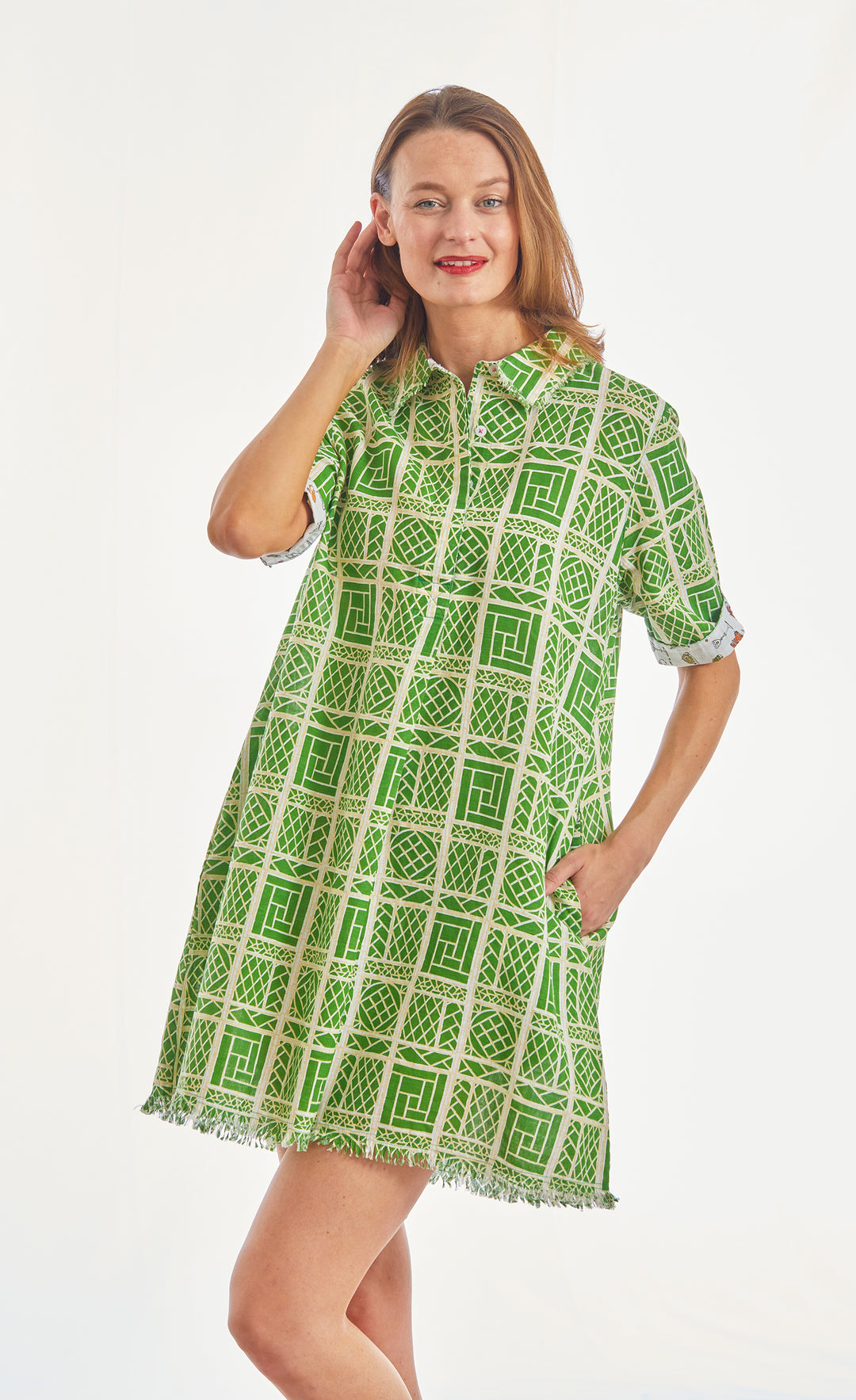 Chatham Dress Green And White Wicker Print Linen Cotton XS / 615A-S004