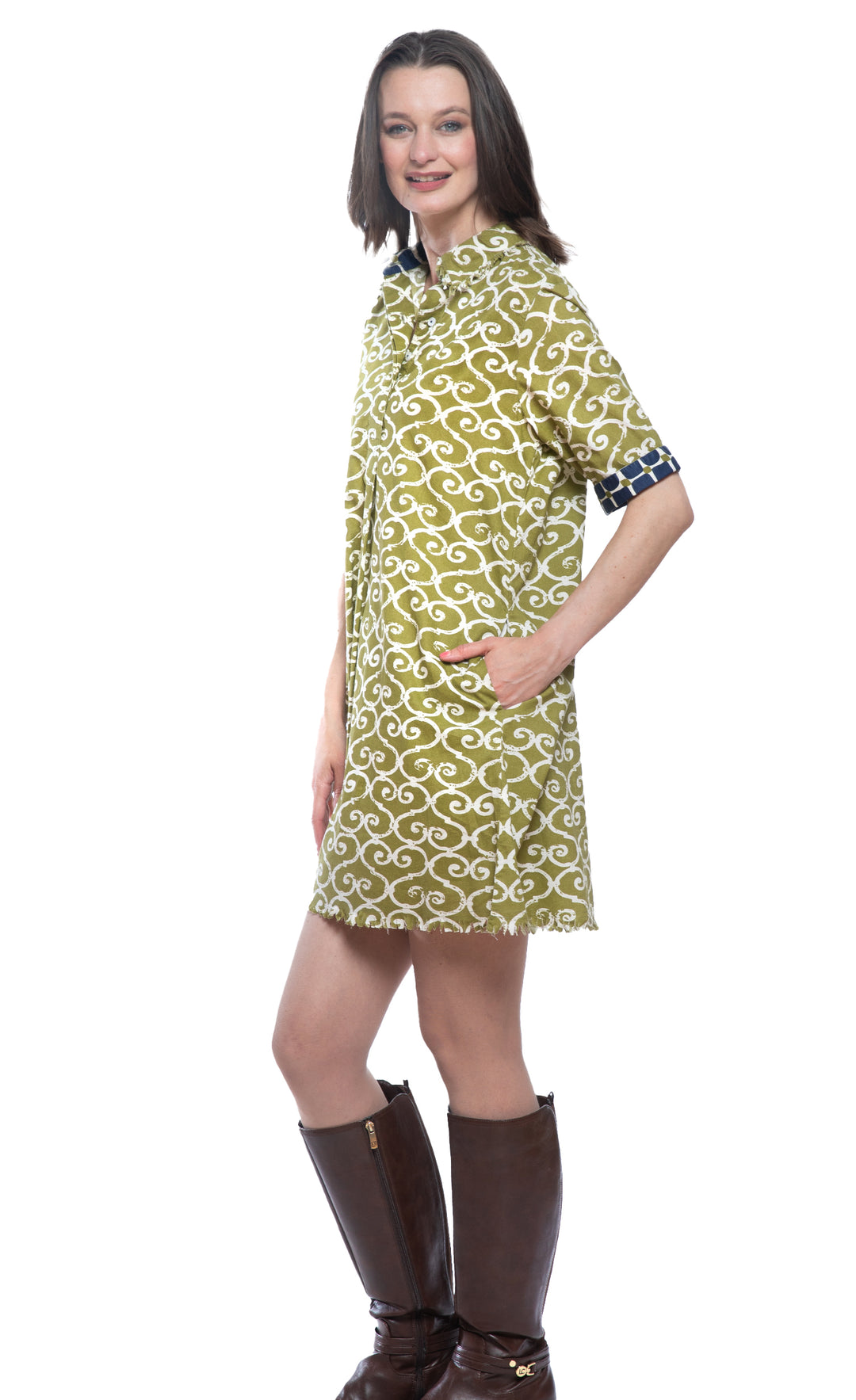 Chatham Dress Green Ivory Swirl Print