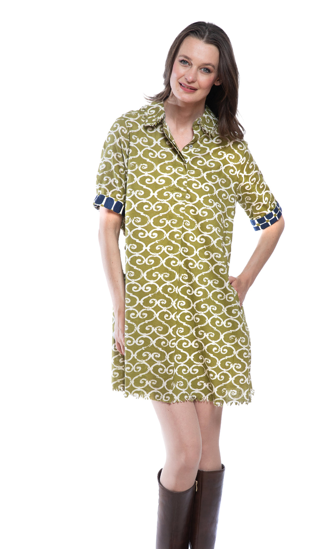 Chatham Dress Green Ivory Swirl Print