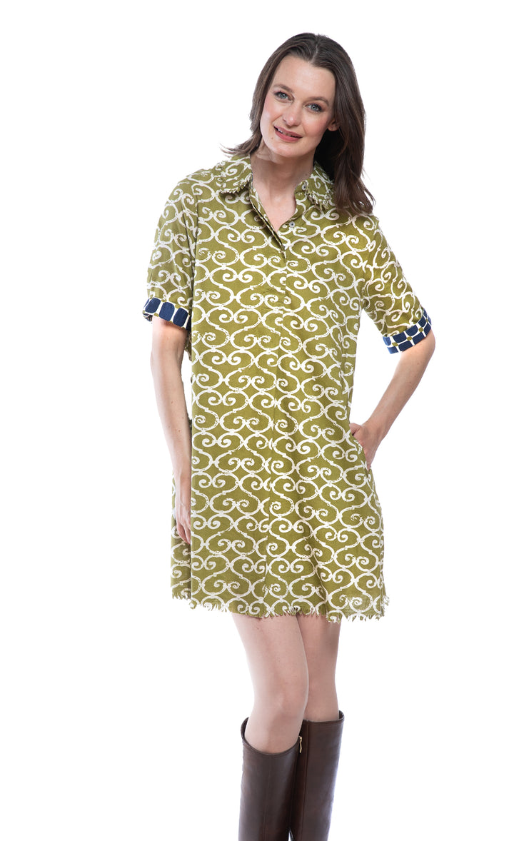 Chatham Dress Green Ivory Swirl Print