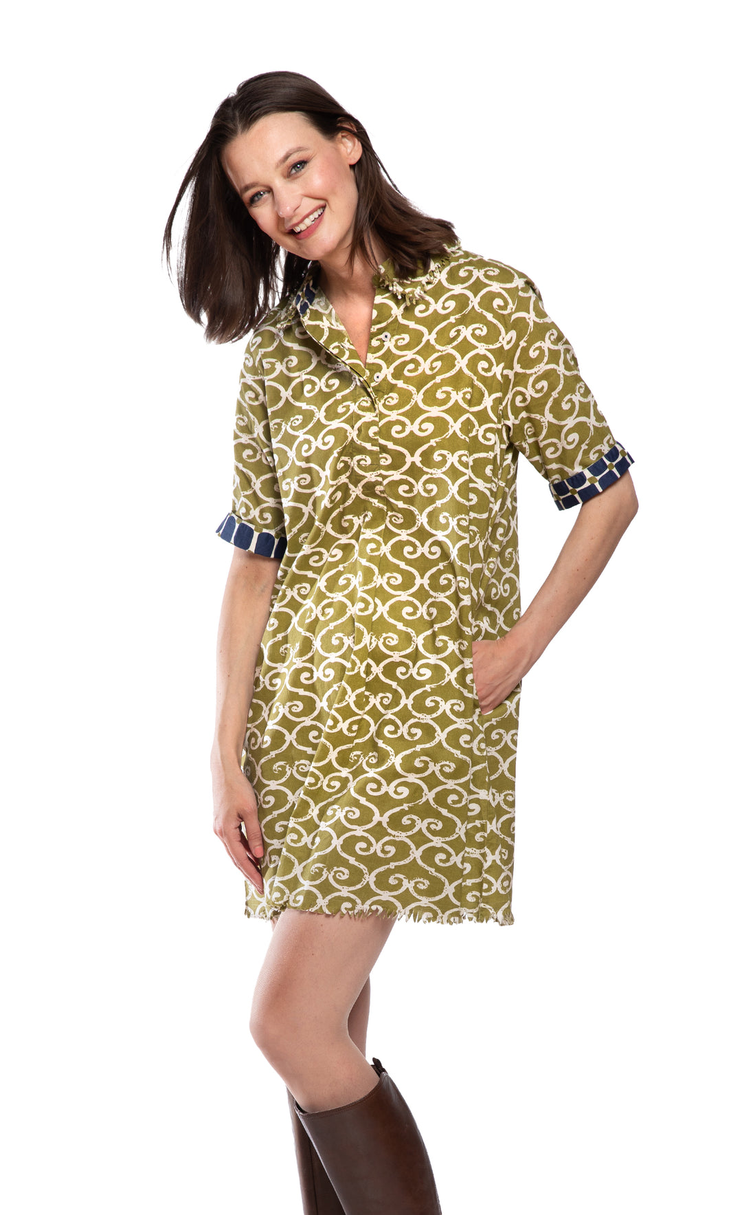 Chatham Dress Green Ivory Swirl Print