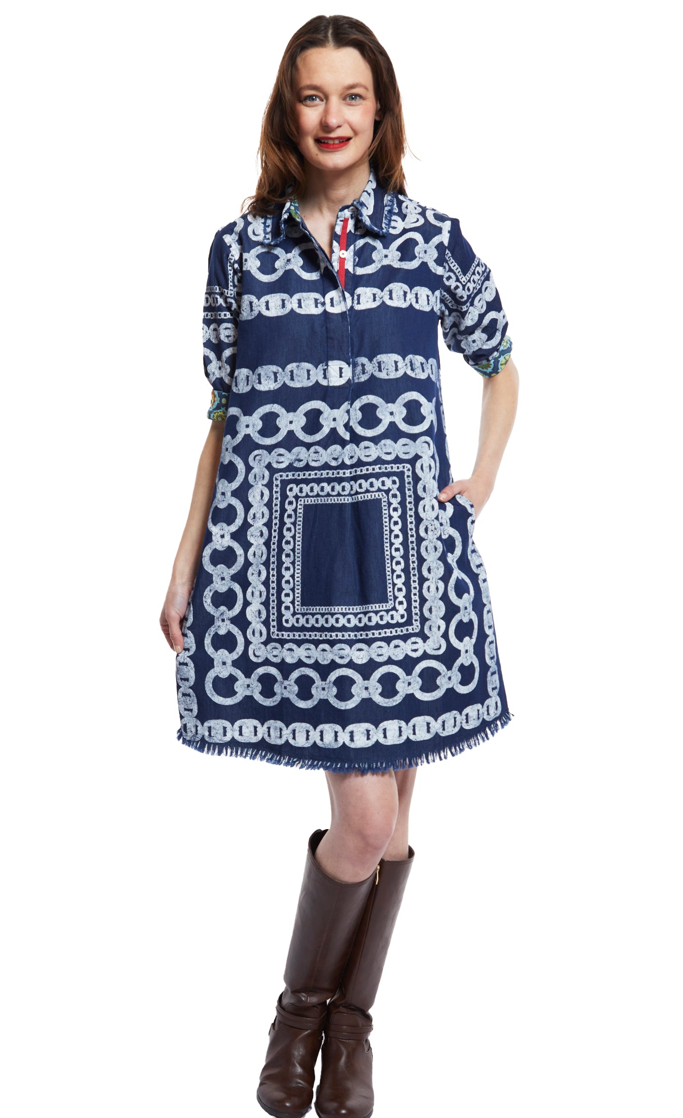 Chatham Dress Denim With White Links Pattern