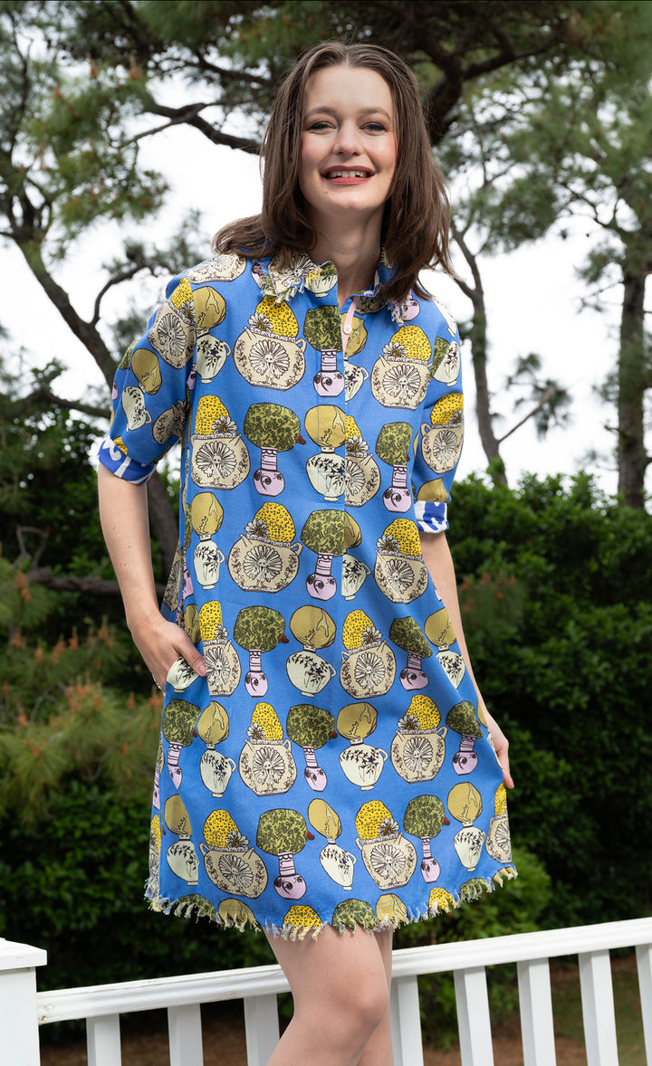 Chatham Dress Blue Pots Print