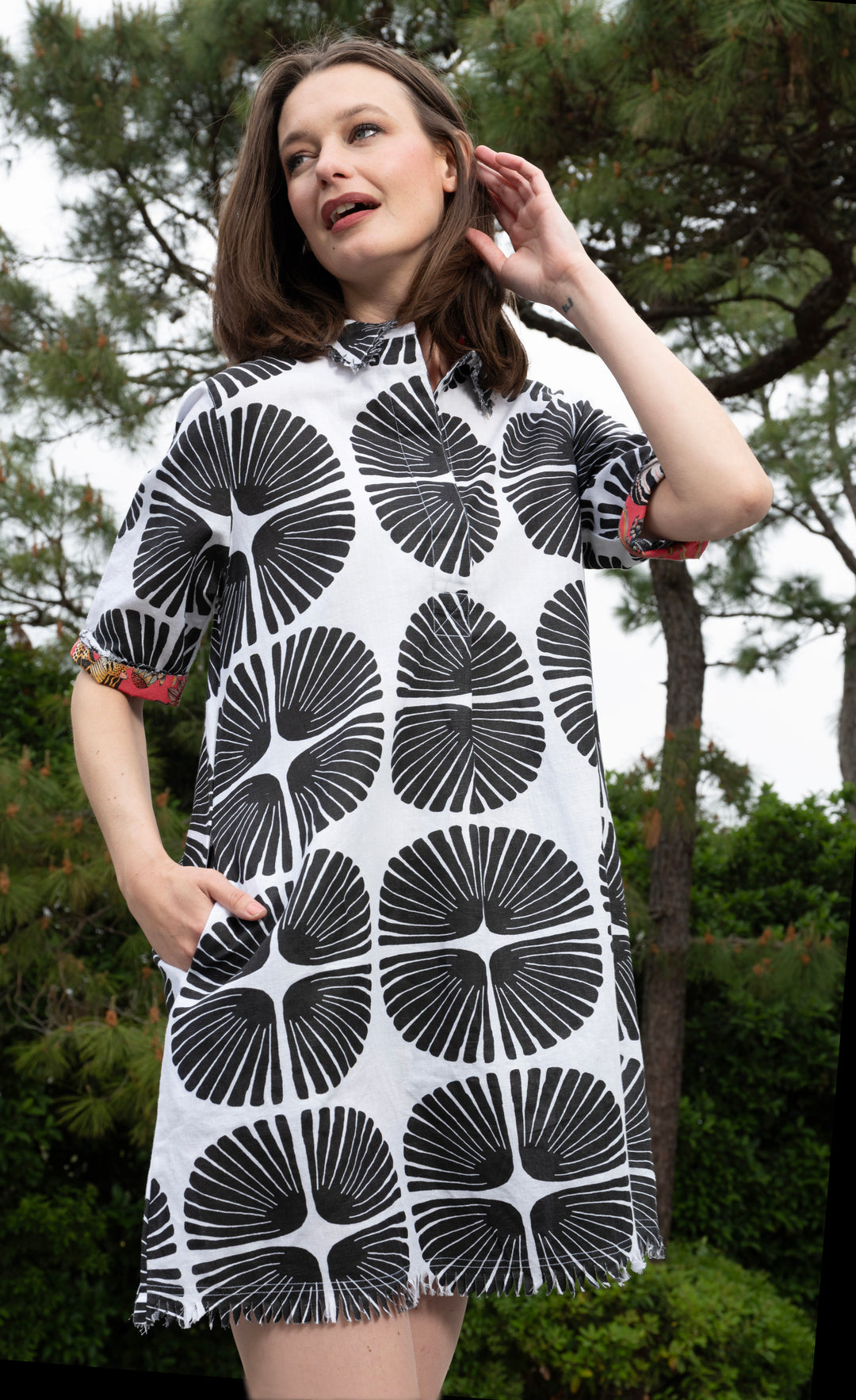 Chatham Dress Black and White Palm Fronds Print