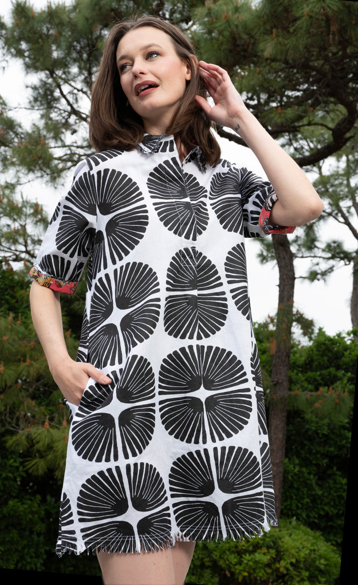 Chatham Dress Black and White Palm Fronds Print