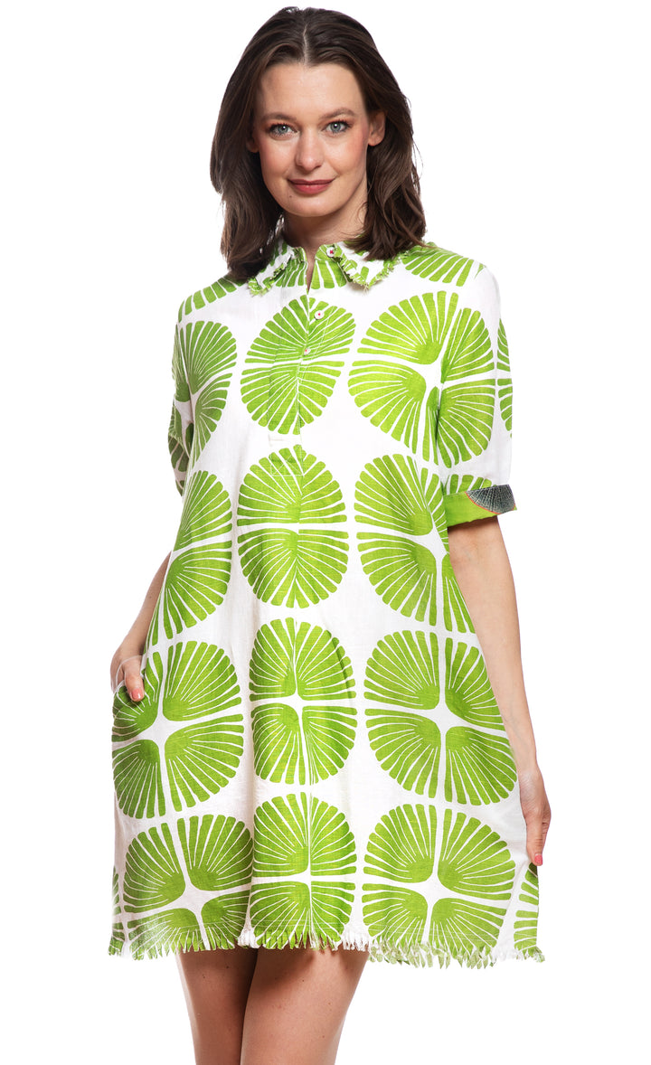 Chatham Dress Green and White Palm Frond Print