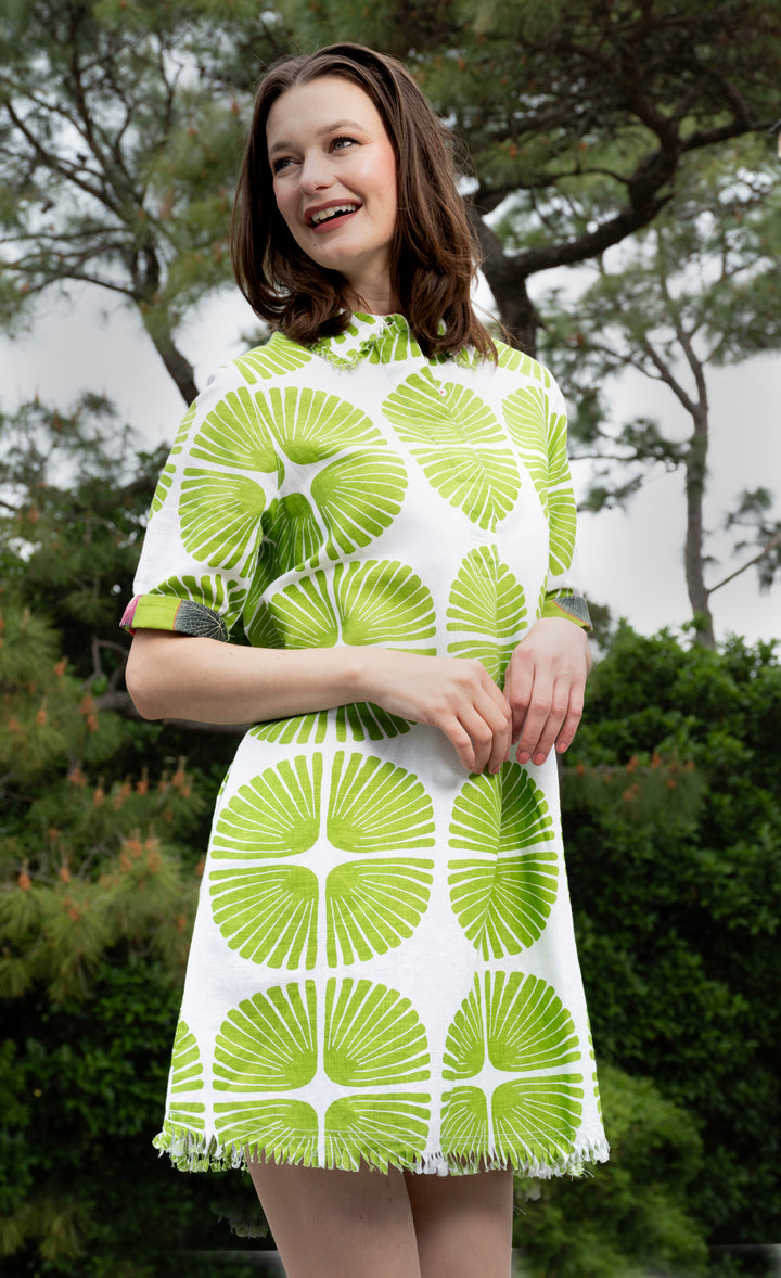 Chatham Dress Green and White Palm Frond Print