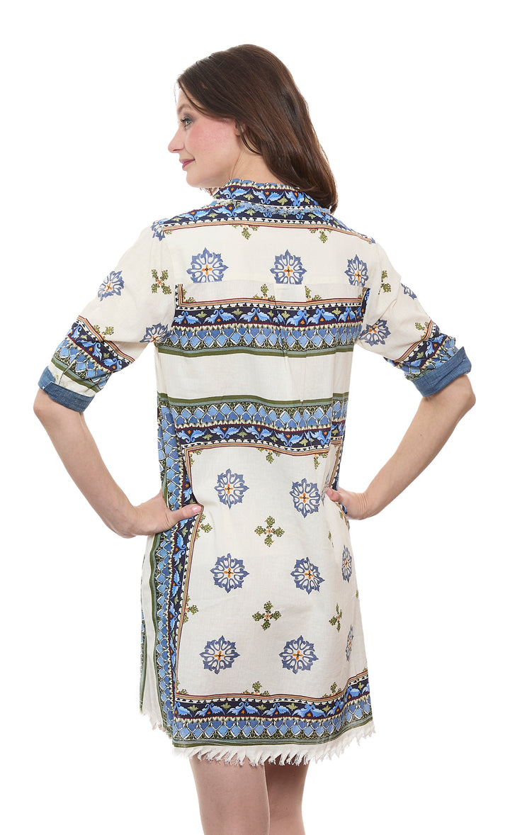 Chatham Dress Blue Green Ivory Engineered Print