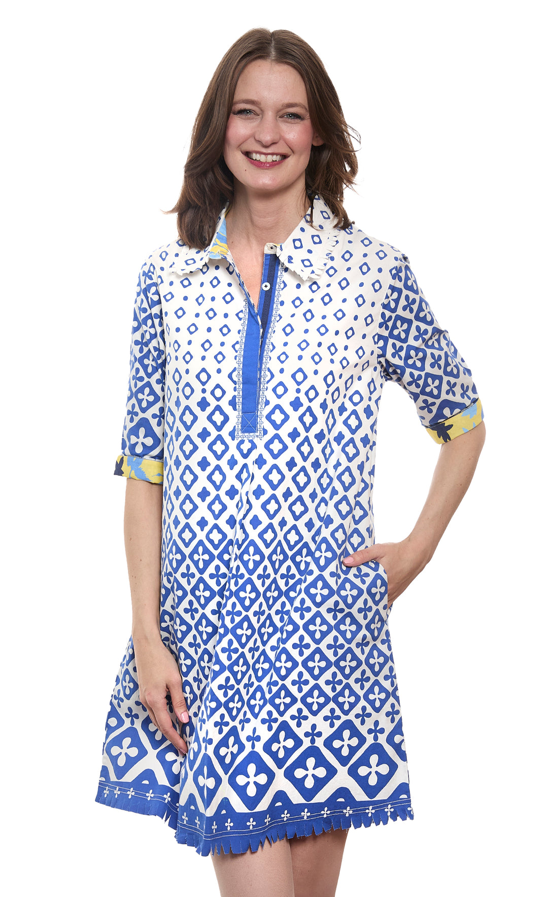 Chatham Dress French Blue and White Engineered Print Stretch Cotton