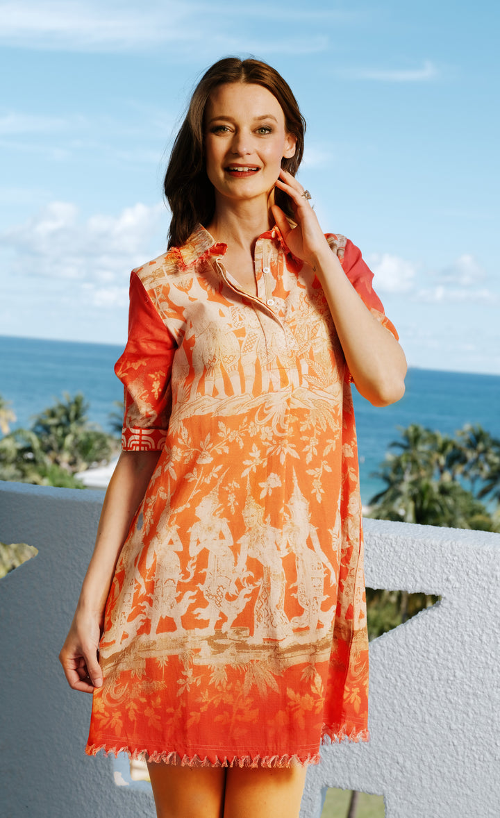 Chatham Dress Thai Dancers Orange and Gold Cotton Linen