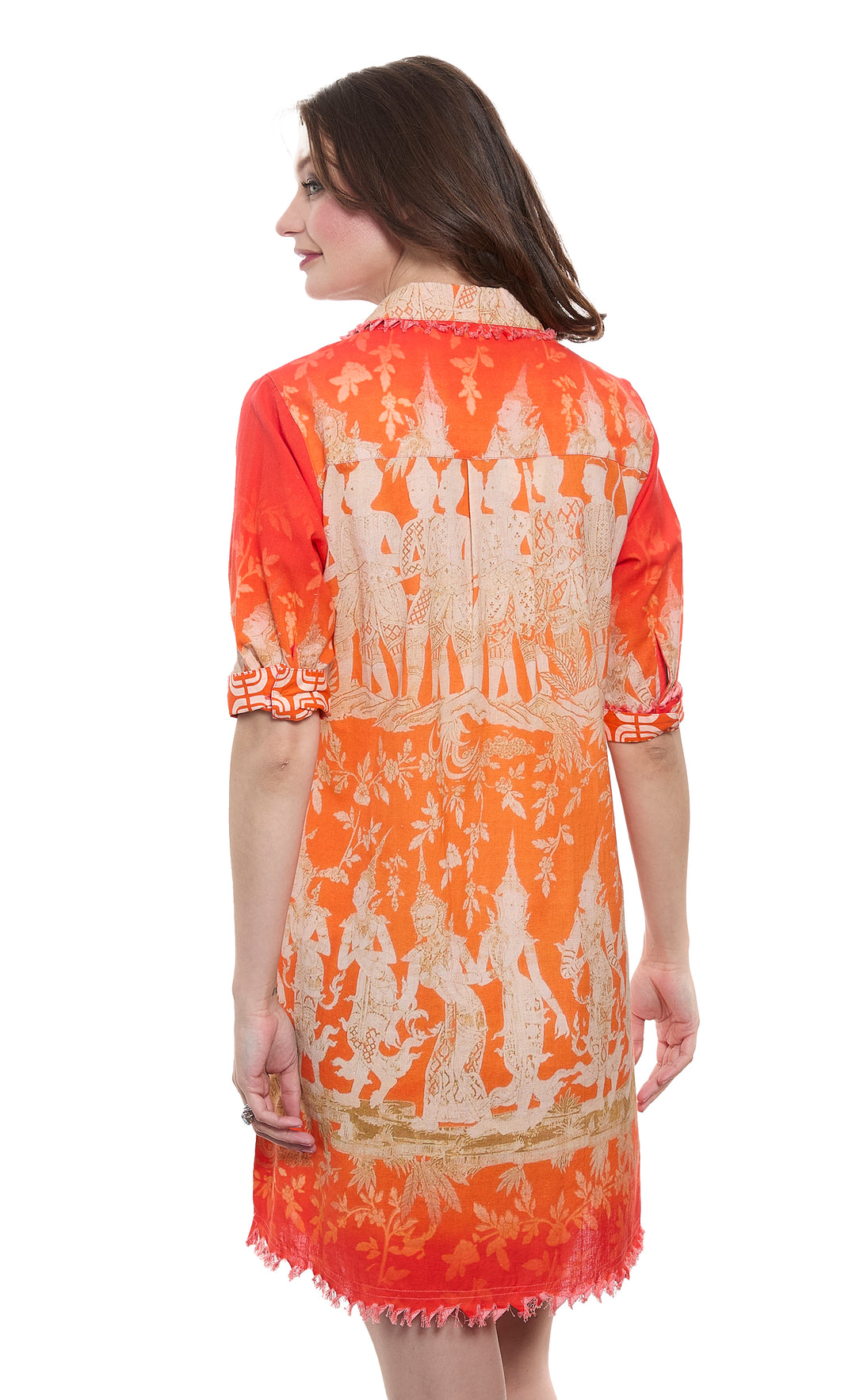 Chatham Dress Thai Dancers Orange and Gold Cotton Linen