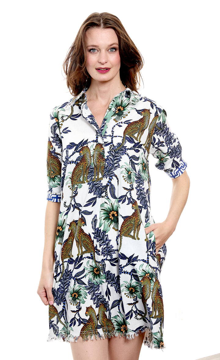 Chatham Dress Cheetahs and Flowers Print On Cotton Linen