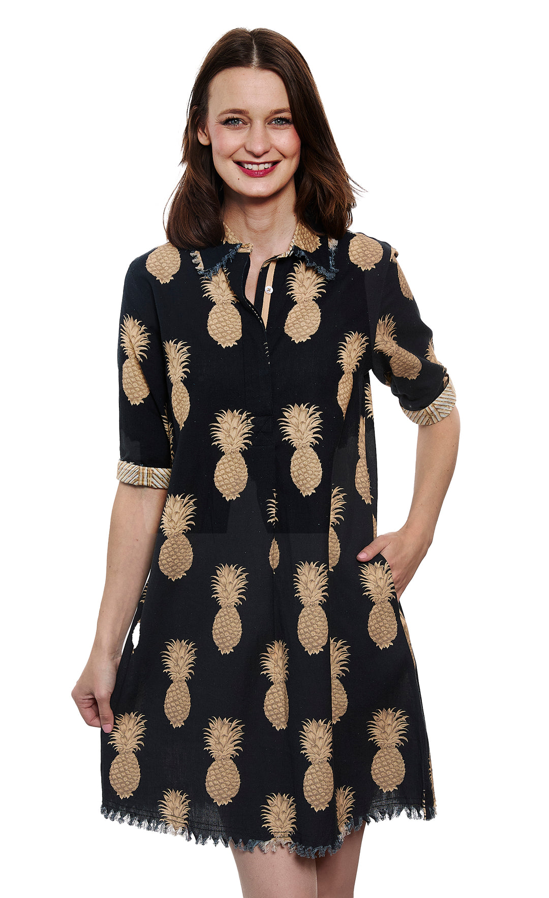 Chatham Dress Black and Gold Pineapple Print On Cotton Linen M Chatham Dress Black and Gold Pineapple Print On Cotton Linen M