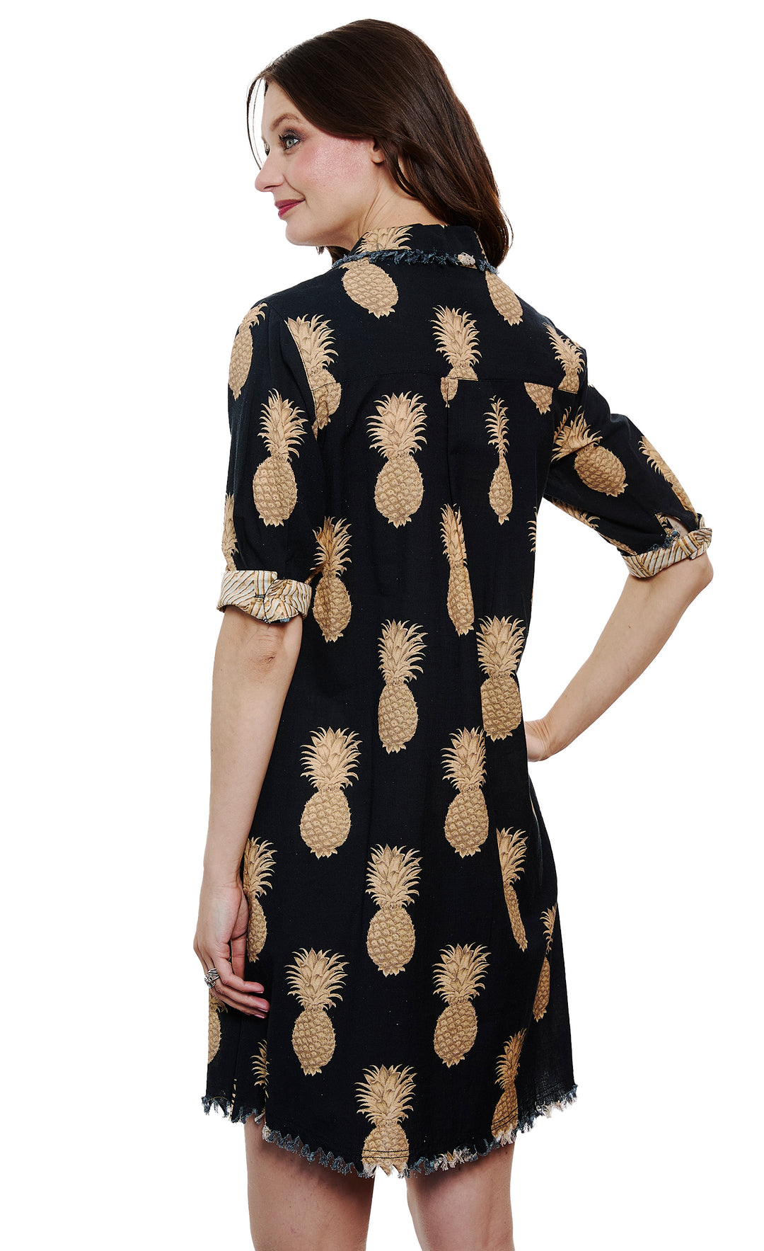 Chatham Dress Black and Gold Pineapple Print On Cotton Linen M Chatham Dress Black and Gold Pineapple Print On Cotton Linen M