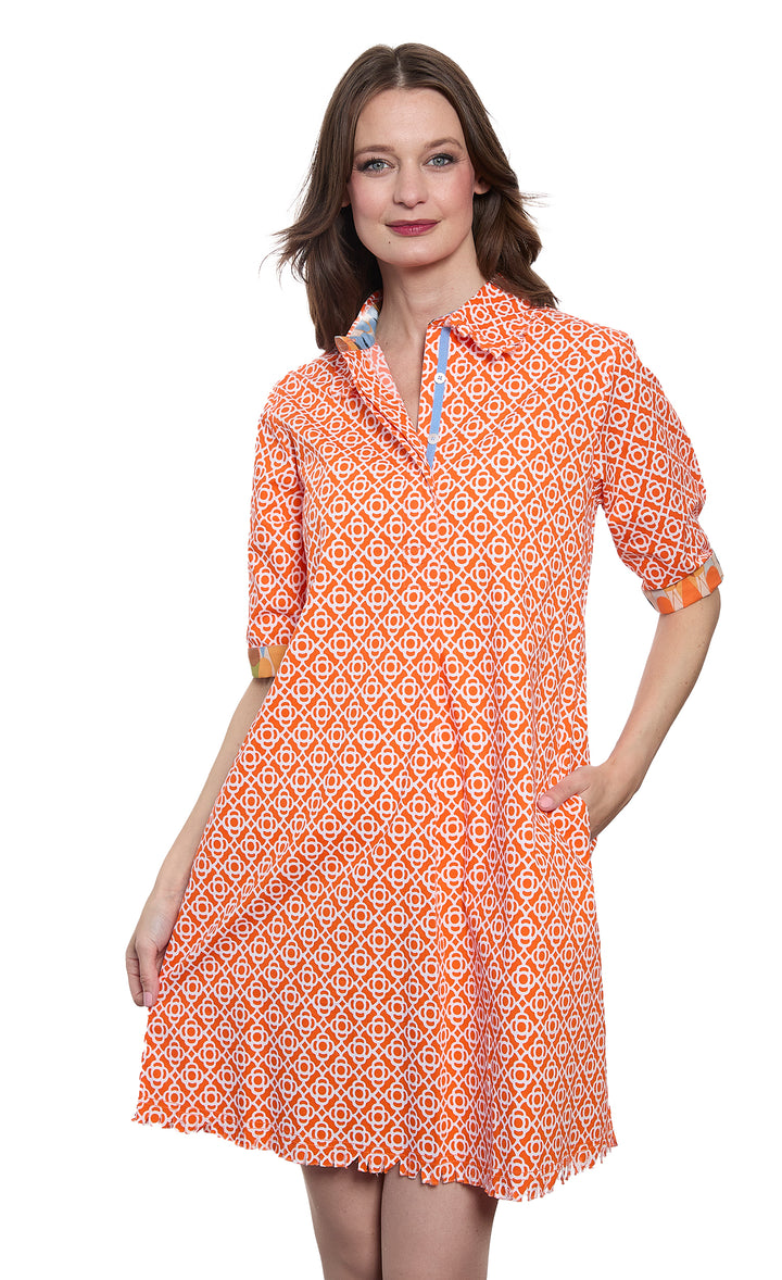 Chatham Dress Orange and White Geo Cotton Stretch Poplin