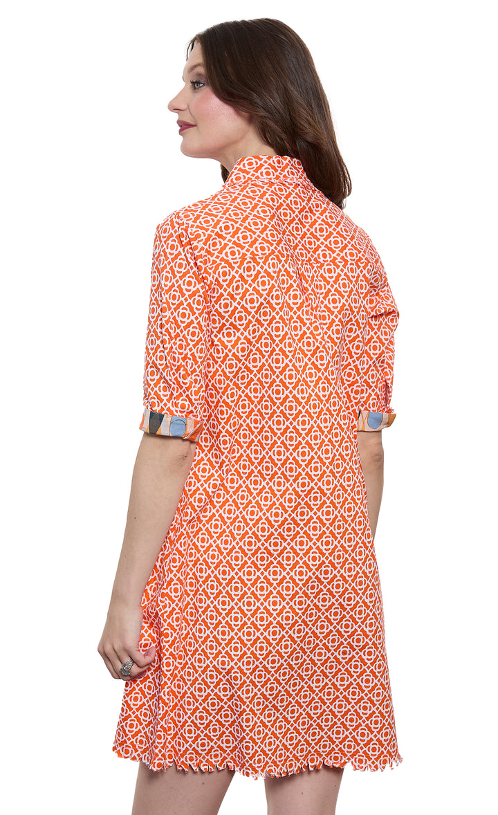 Chatham Dress Orange and White Geo Cotton Stretch Poplin