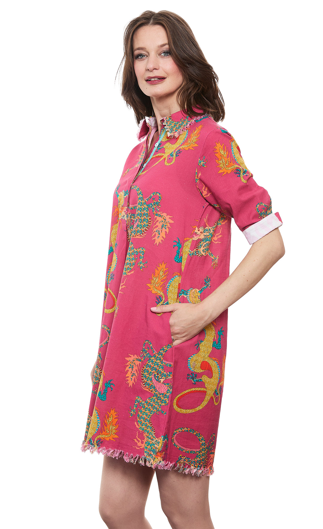 Chatham Dark Pink Ground Dragon Print Cotton Linen