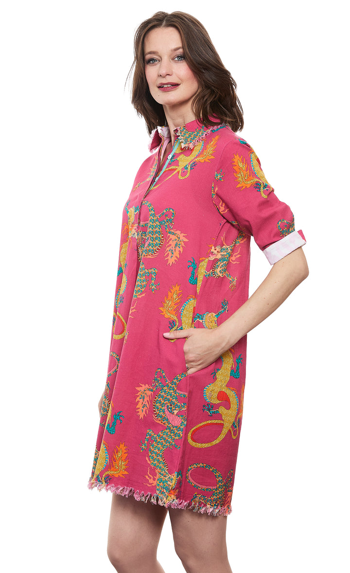 Chatham Dark Pink Ground Dragon Print Cotton Linen