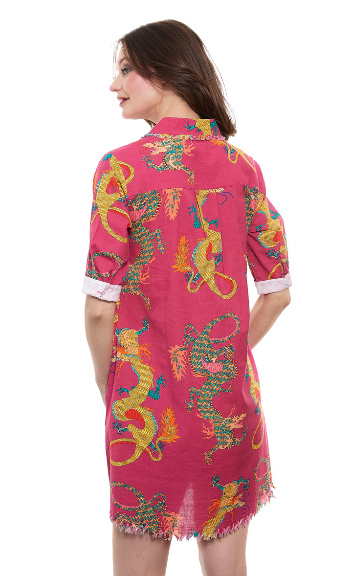 Chatham Dark Pink Ground Dragon Print Cotton Linen