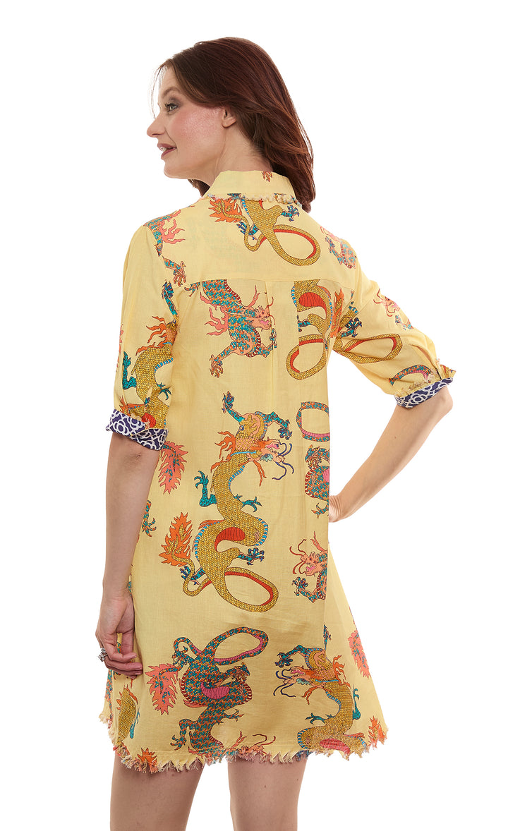 Chatham Butter Yellow Ground Dragon Print Cotton Linen