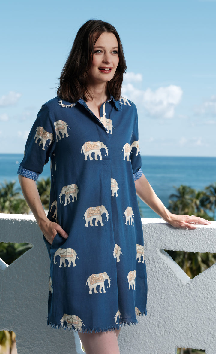 Chatham Dress in Navy Ground Elephant Print