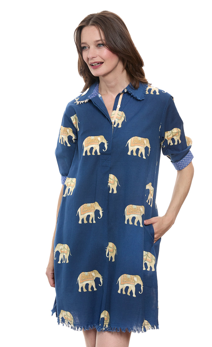 Chatham Dress in Navy Ground Elephant Print