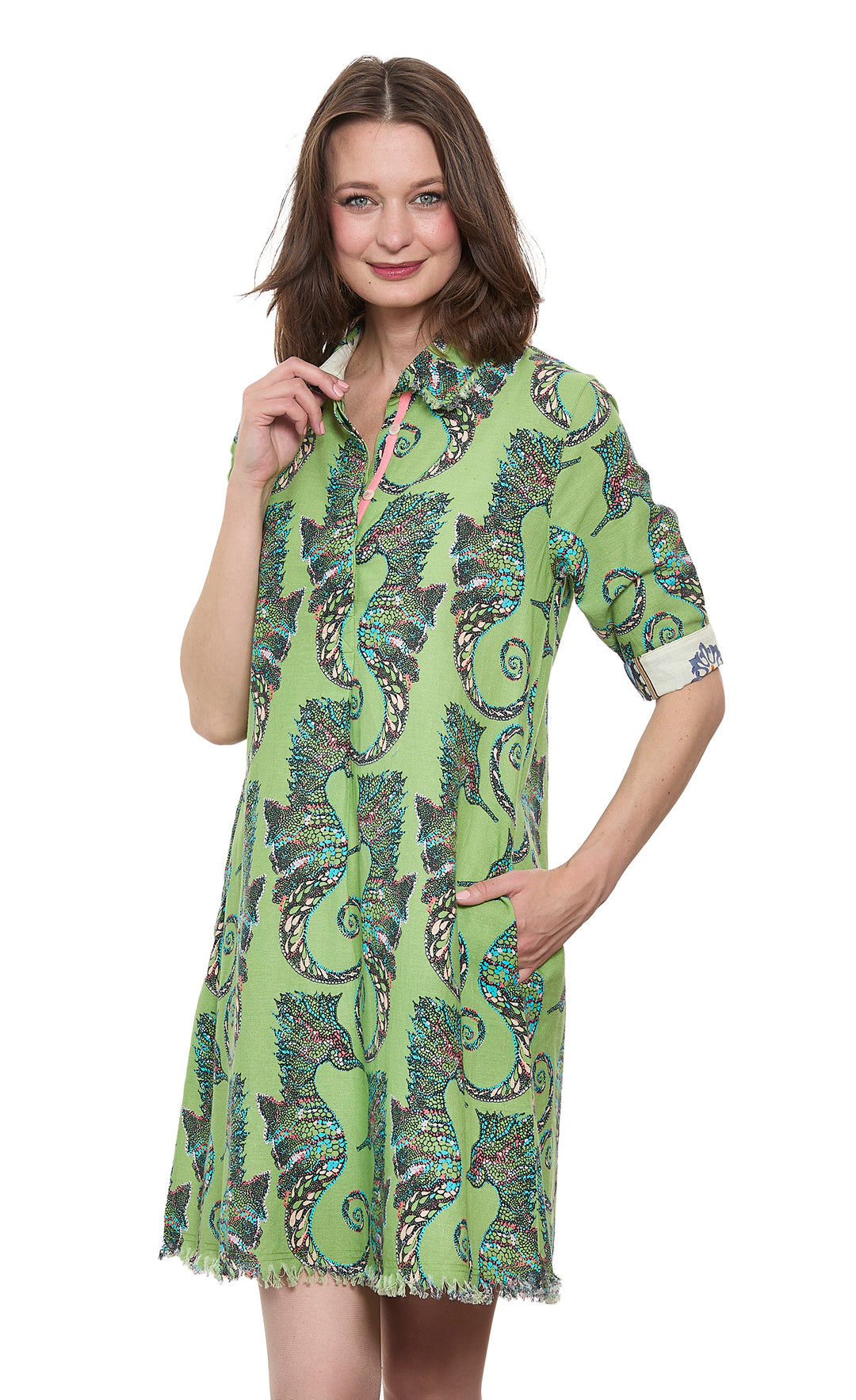 Chatham Dress Green Seahorse Print
