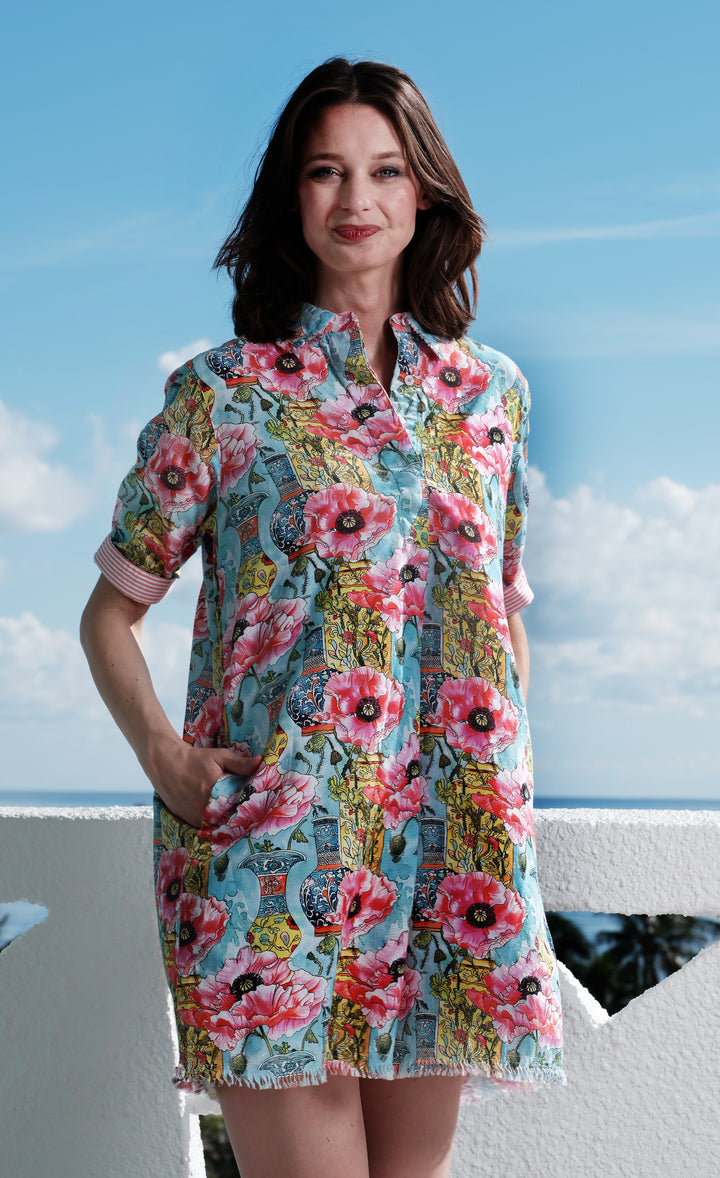 Chatham Dress Poppies Print with Chinoiserie
