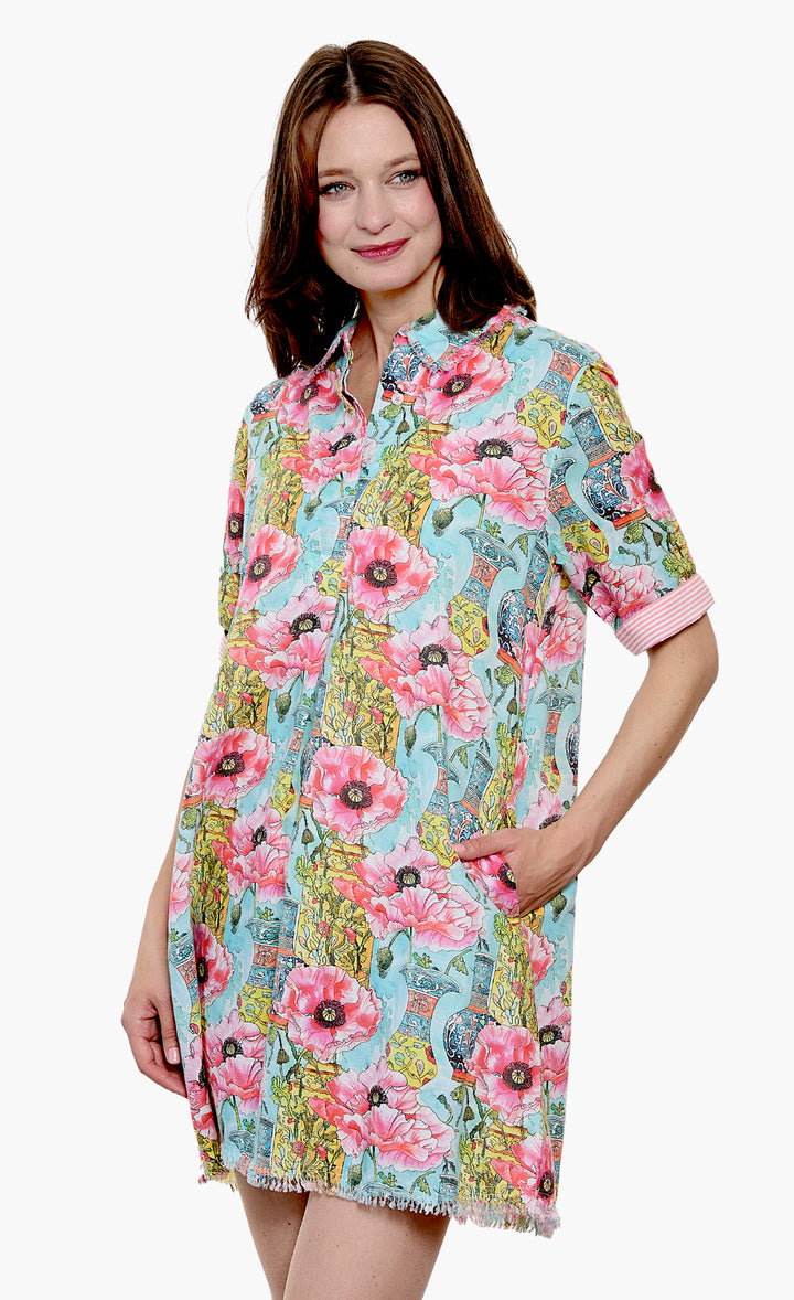 Chatham Dress Poppies Print with Chinoiserie