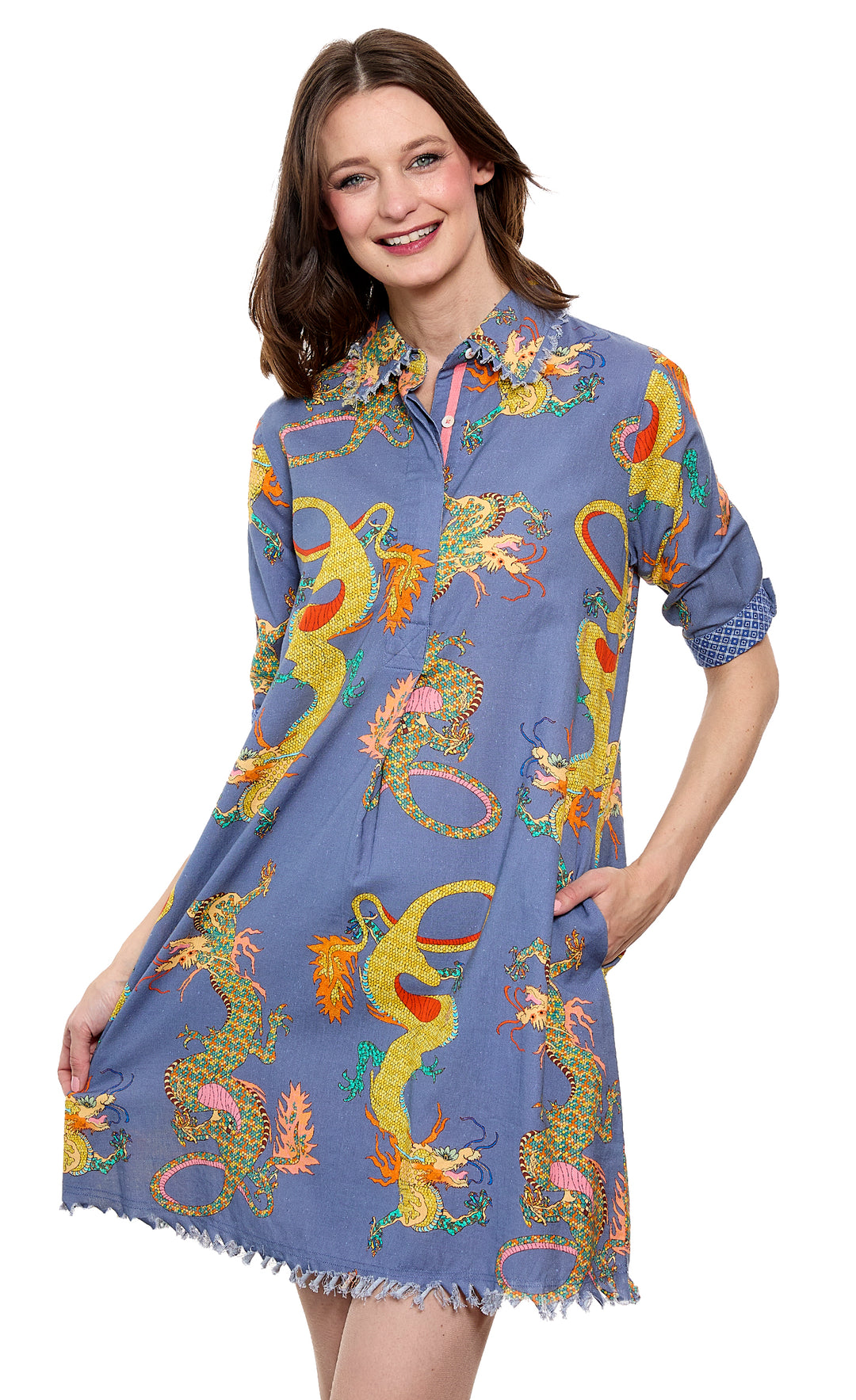 Chatham Dress Navy Dragons Print