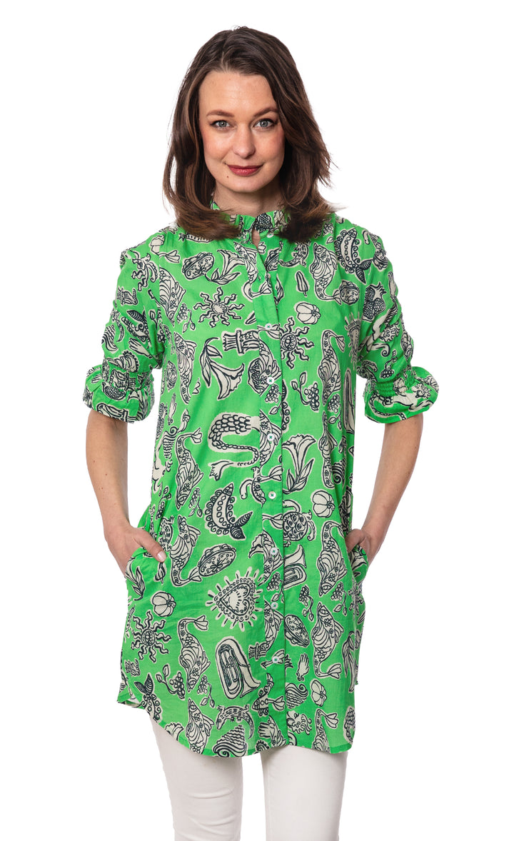 Big Shirt Tunic with Ruffle Green Whimsy Print – Dizzy-Lizzie