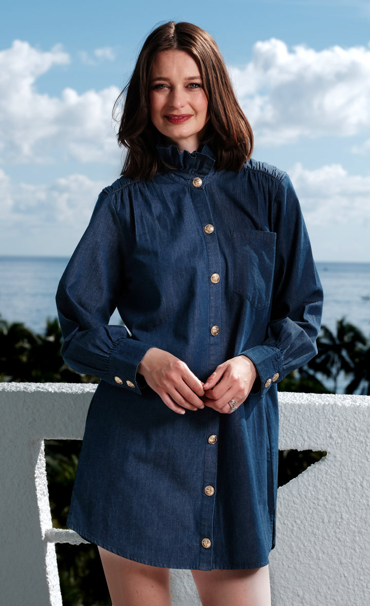 Denim Tunic with Ruffle Neck and Side Pockets