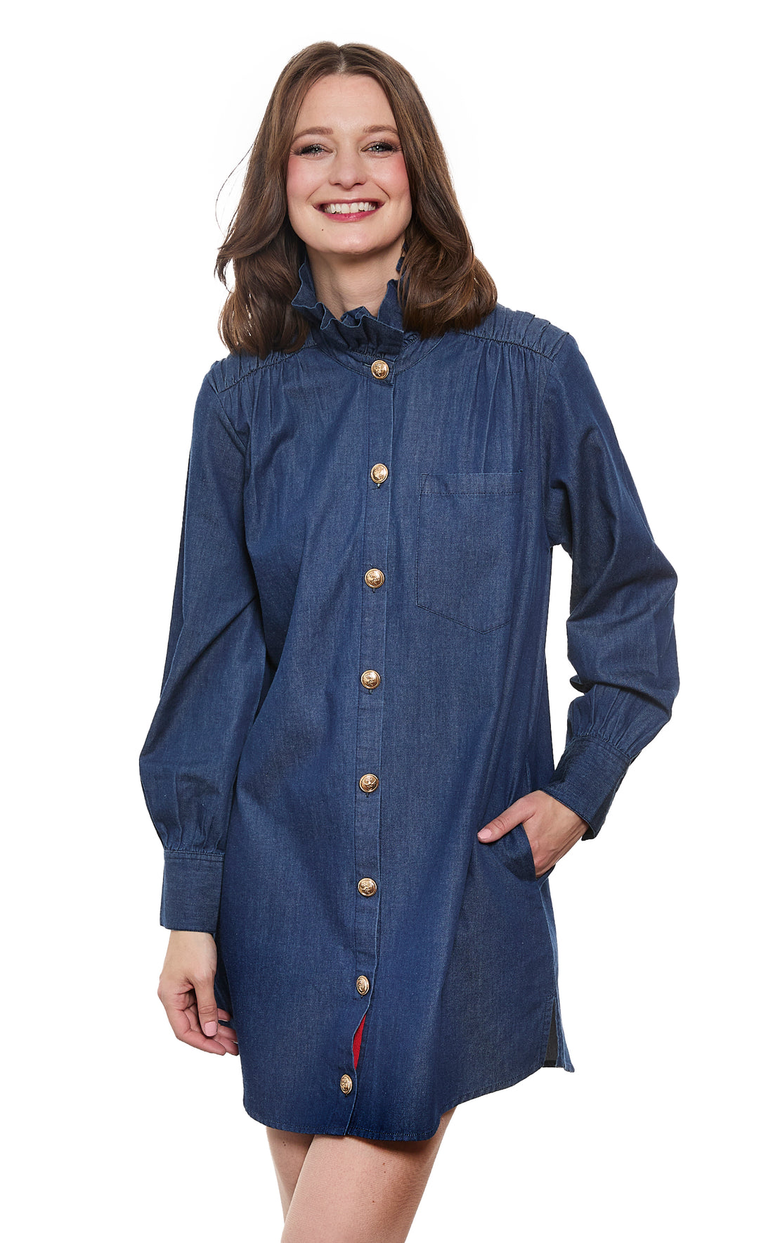 Denim Tunic with Ruffle Neck and Side Pockets XL