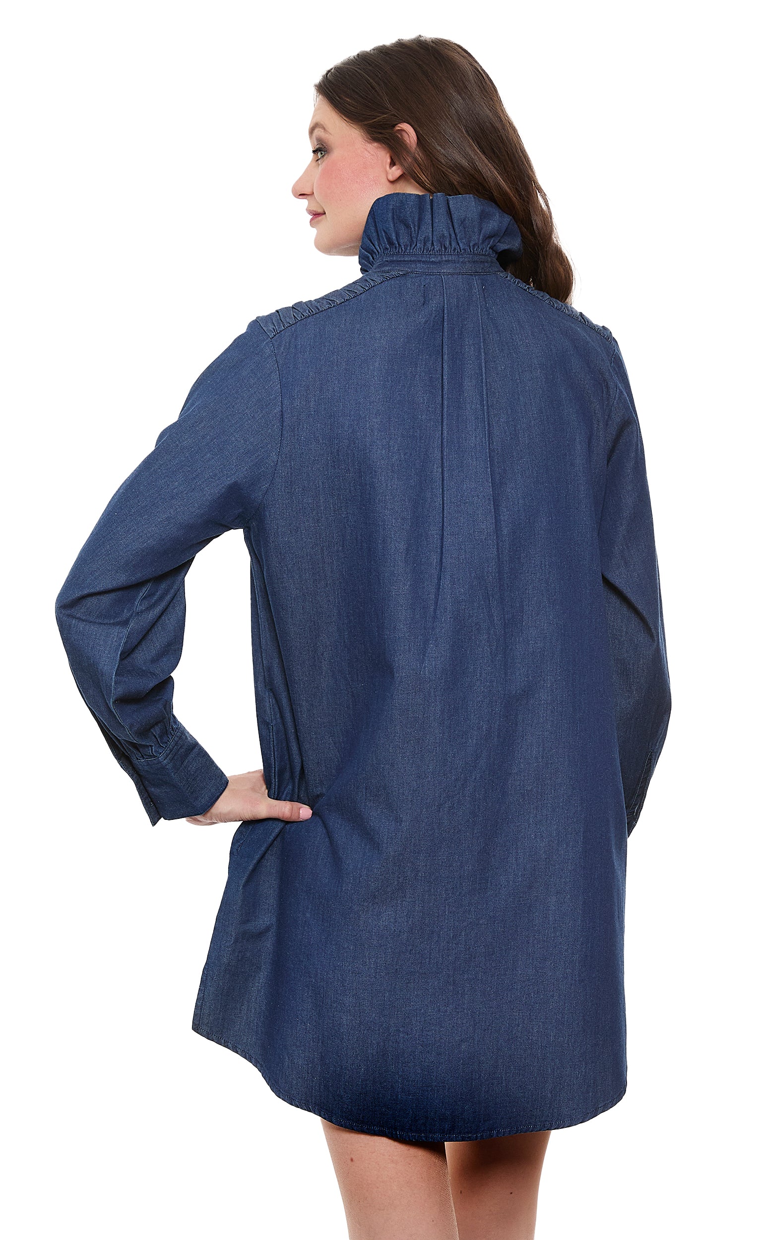Denim Tunic with Ruffle Neck and Side Pockets – Dizzy-Lizzie