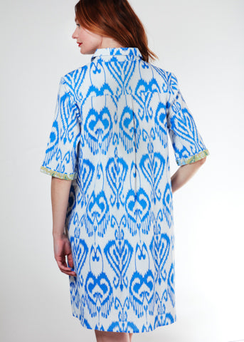 Monterey dress, blue and white ikat print
