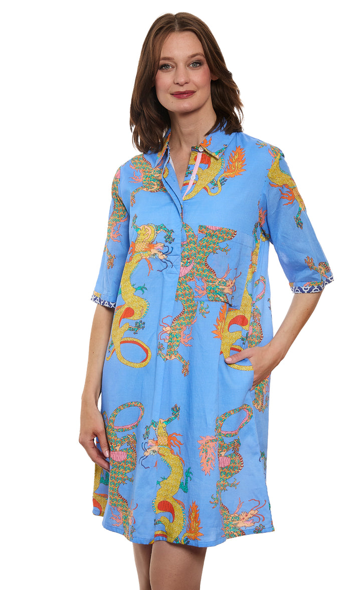 Monterey Dress French Blue Ground Dragon Print On Cotton Voile