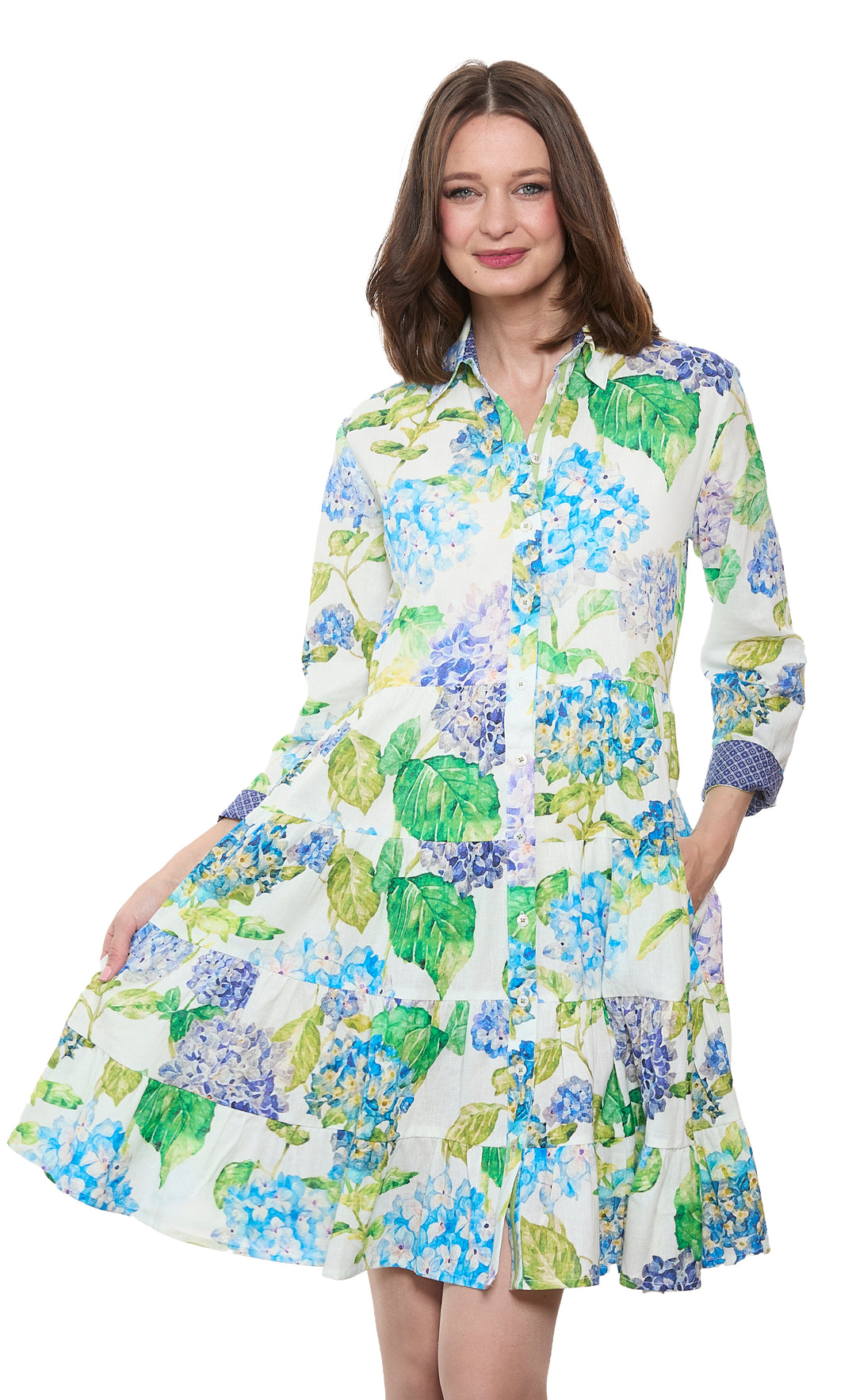 Delray Dress Linen Cotton Hydrangeas Print