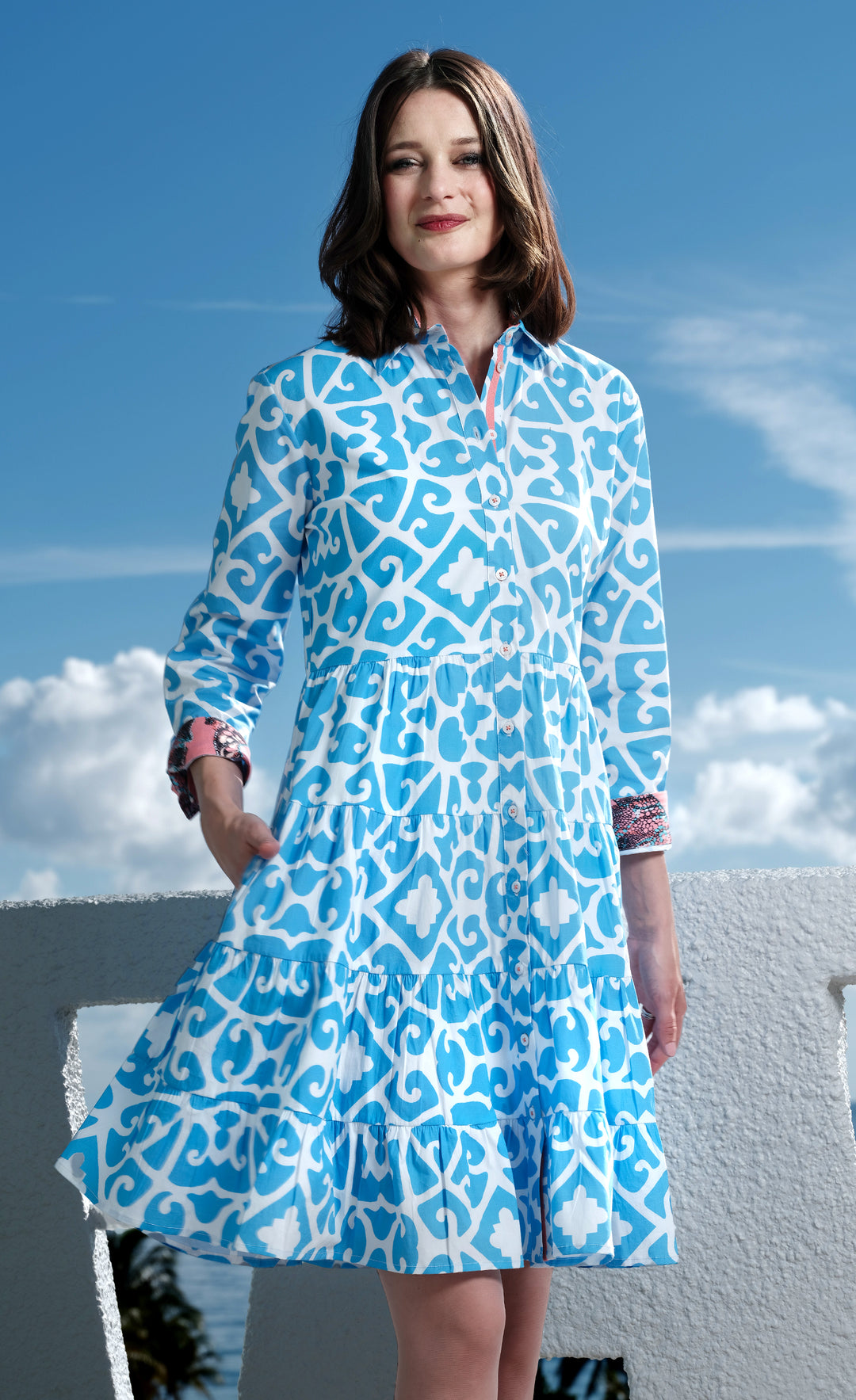 Delray Dress Cotton Sateen Blue White Geometric Print Dizzy-Lizzie Delray Dress Cotton Sateen Blue White Geometric Print Dizzy-Lizzie
