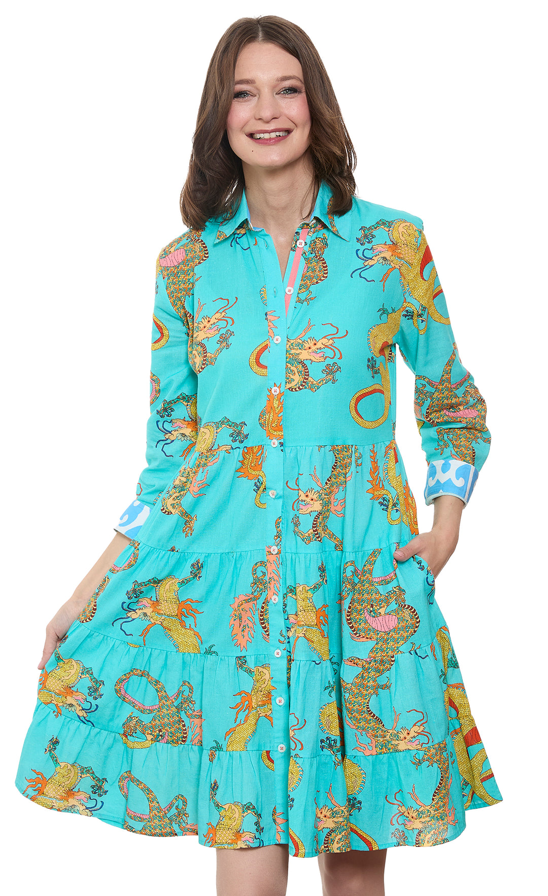 Delray Dress Linen Cotton Turquoise Dragons Print