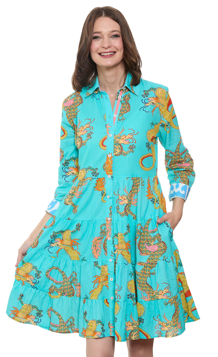 Delray Dress Linen Cotton Turquoise Dragons Print
