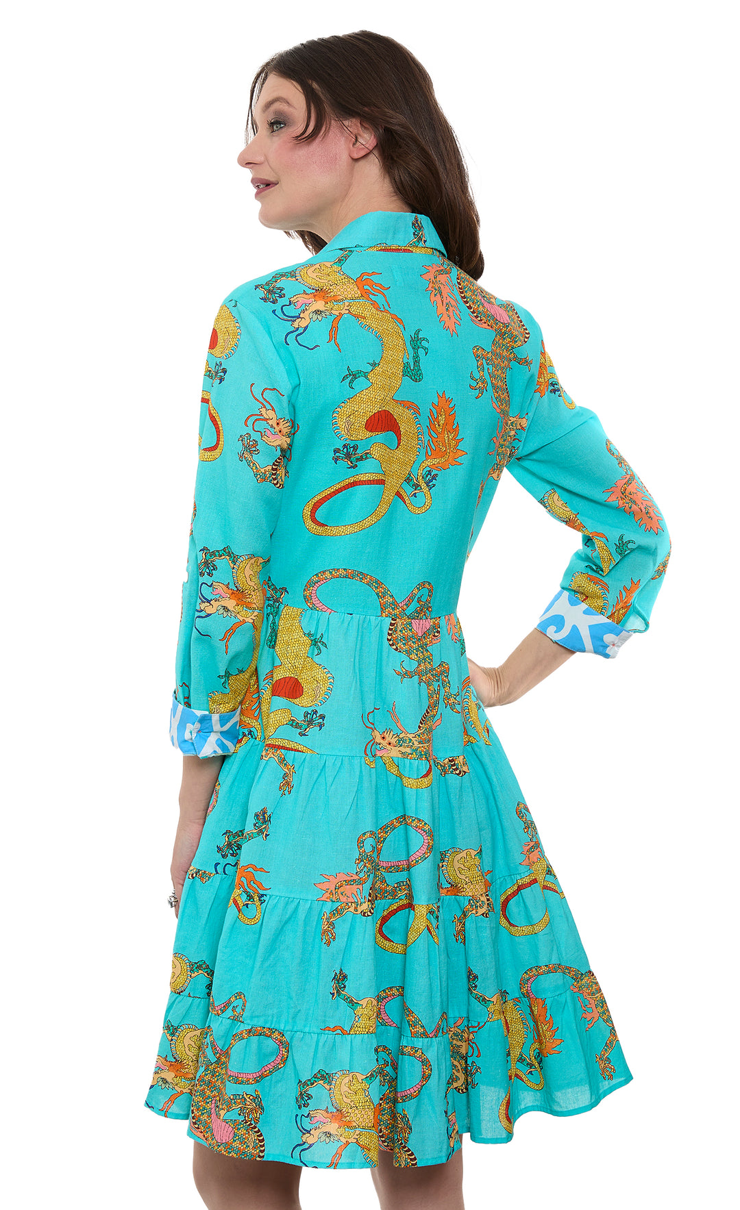 Delray Dress Linen Cotton Turquoise Dragons Print