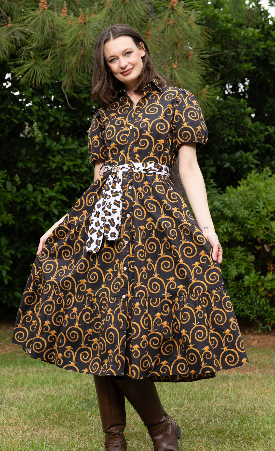 Litchfield Dress Black and Gold Swirl Print L