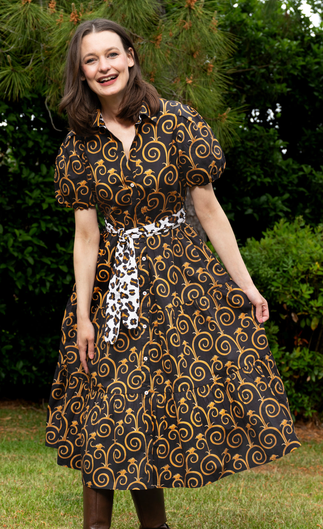 Litchfield Dress Black and Gold Swirl Print L