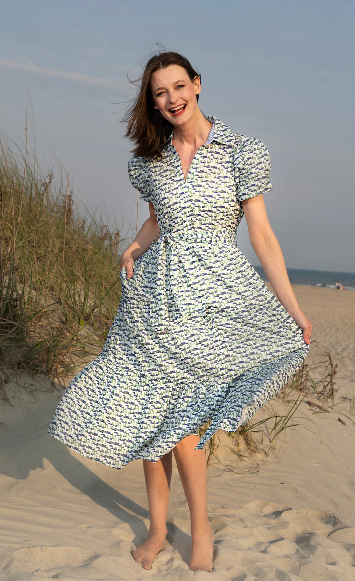 Litchfield Dress Navy and Green Little Sailboats Print