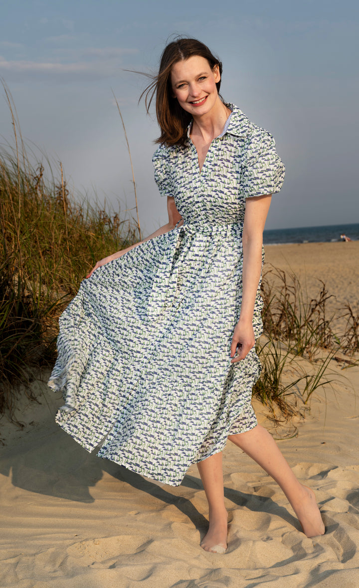 Litchfield Dress Navy and Green Little Sailboats Print